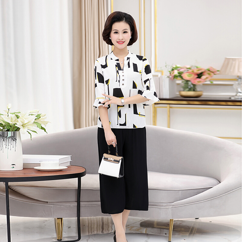 妈妈夏装套装女30-40岁中年女装雪纺衫50岁两件套2018夏气质衣服白色