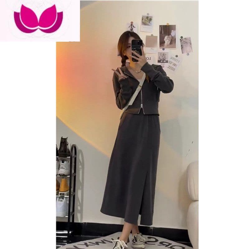 七斓时尚休闲运动风套装女高级感连帽外套高腰开叉半身长裙套图片