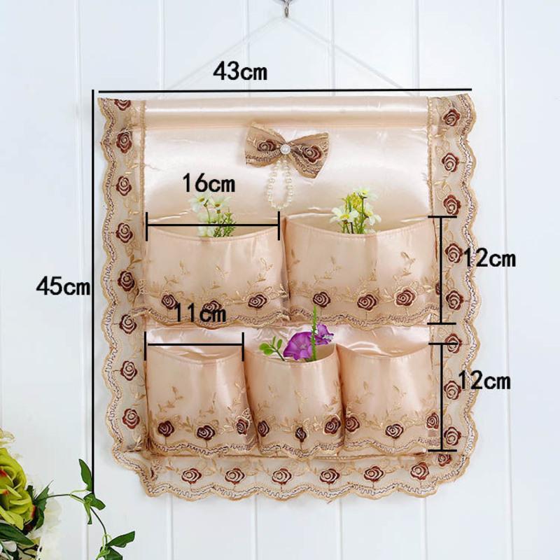 高档布艺收纳袋挂袋宿舍墙壁门后储物袋便捷收纳玫瑰刺绣蓝1兜