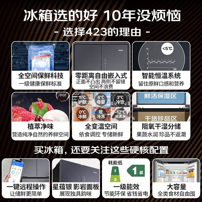 海尔423升全空间保鲜科技零距离自由嵌入式多门冰箱变温区干湿分储一级能效双变频超薄电冰箱 423L零距离嵌入+全空间保鲜高清大图