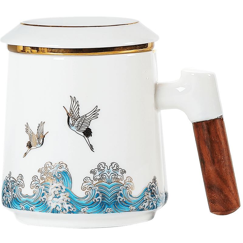 領藝 祥鹤观海茶杯茶水分离马克杯带盖过滤大容量办公室泡茶杯陶瓷功夫茶具国潮送礼 祥鹤观海木语办公杯礼盒装