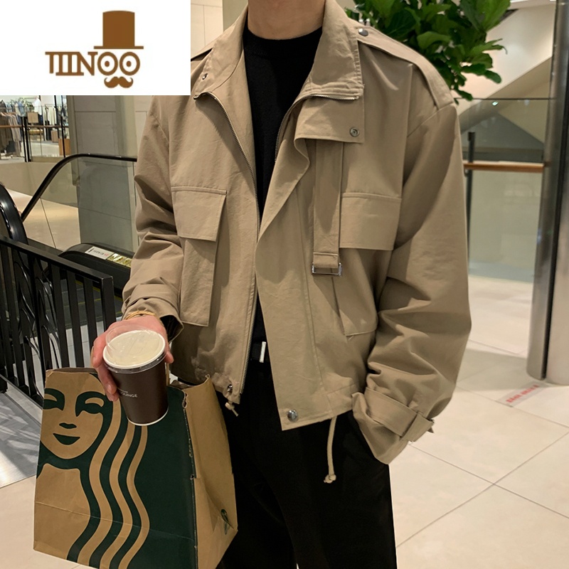 YANXU轻熟风帅气男士外套韩版设计感潮流假翻领复古工装夹克高清大图