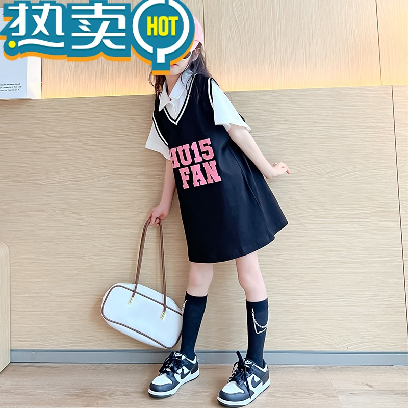 绿彩虹光女童夏装连衣裙2023新款小女孩t恤裙夏季大童短袖polo衫儿童裙子6