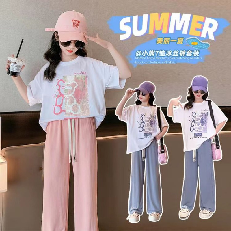 女童装夏装套装中大童洋气网红短袖T恤女孩休闲冰丝阔腿裤两件套