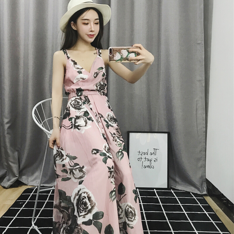 2018夏季新款女装露背带雪纺连衣裙海边度假沙滩裙波西米亚长裙粉红色