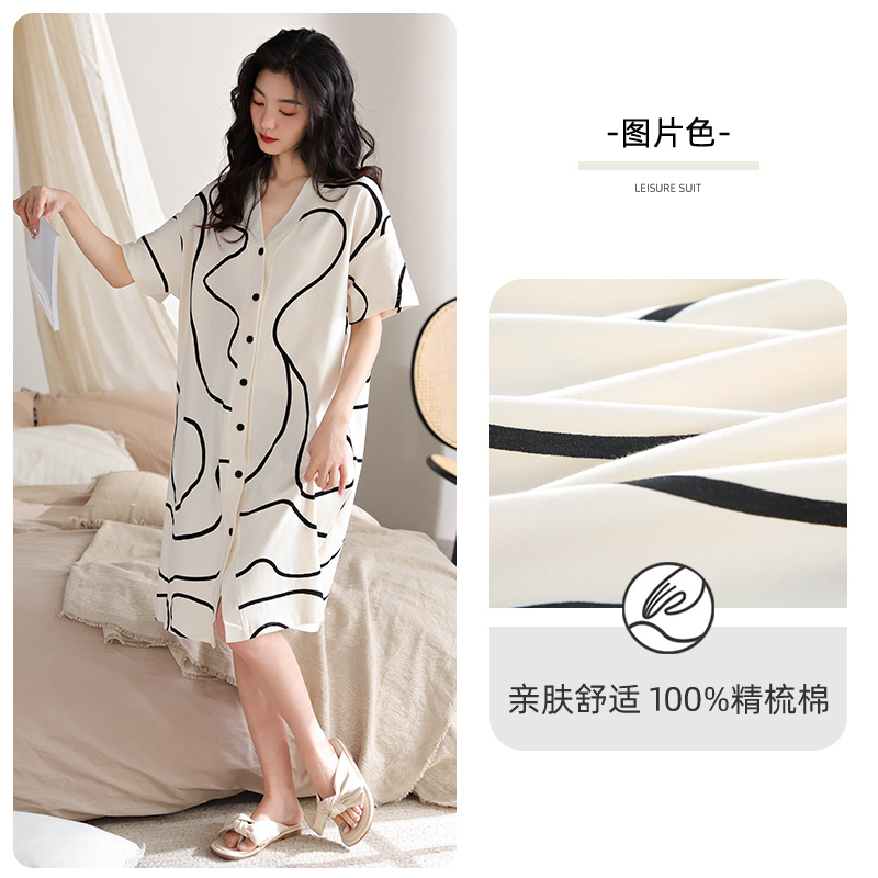 猫人带胸垫睡裙女夏季纯棉短袖中长款新薄款性感连衣裙家居服