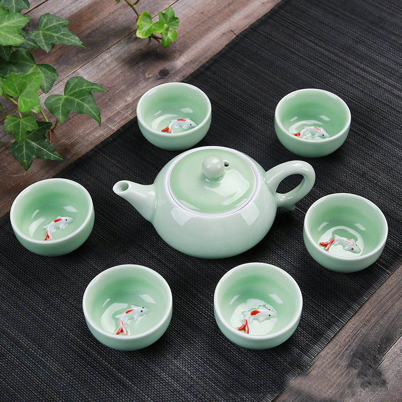青瓷锦鲤鱼茶具七件套 XTL286 (一壶六杯)家居功夫茶具(套)