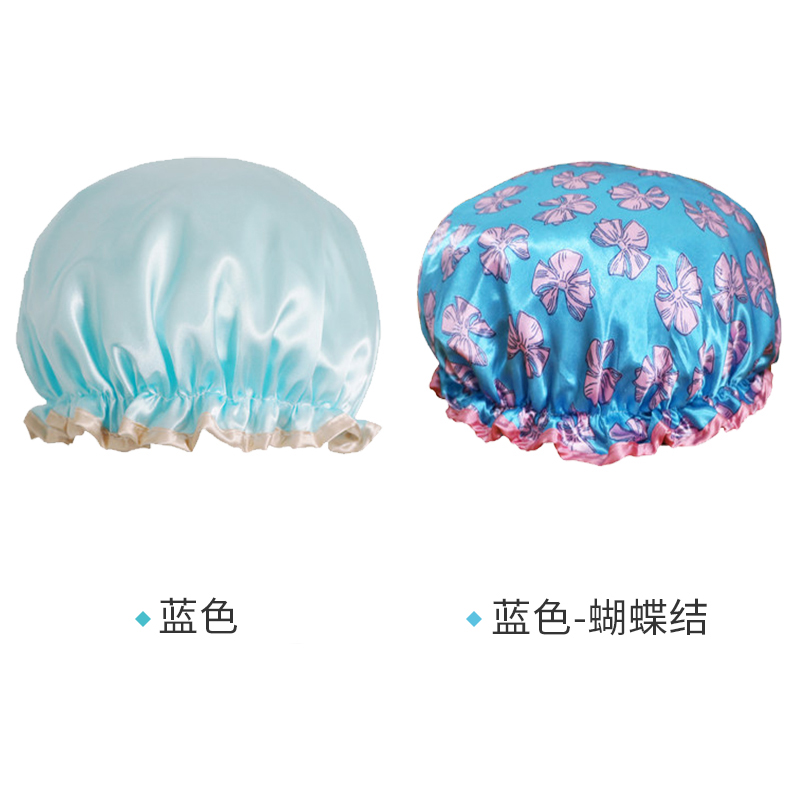 网红沐浴帽女防水长发洗澡双层加厚儿童成人款家用厨房防油防烟潮 三维工匠 [2个装]蓝色+蓝蝴蝶结高清大图