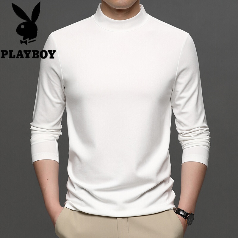 花花公子品牌男装含桑蚕丝纯色半高领打底衫长袖T恤男日系时尚百搭男士体恤衣服男2021秋季新_133 2XL码 白色
