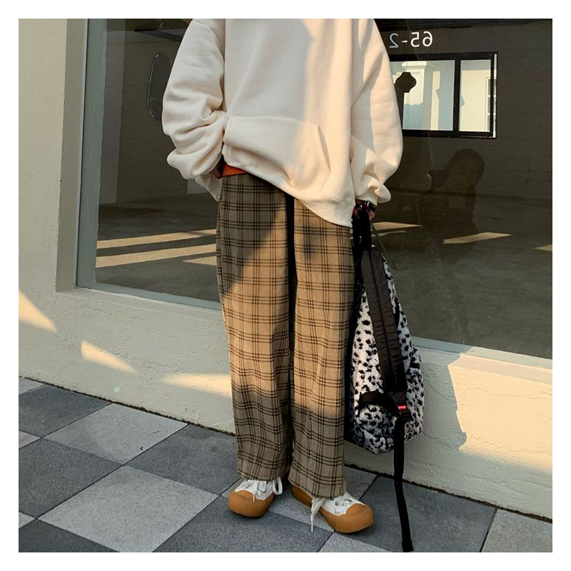 suntek格子裤女秋冬复古直筒阔腿裤宽松韩版高腰垂感百搭学生拖地裤子