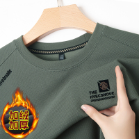 啄木鸟高档卫衣男加绒加厚冬季新款圆领长袖t恤中年男士保暖上绒 185/3XL建议165-180斤 加绒加厚7788绿色