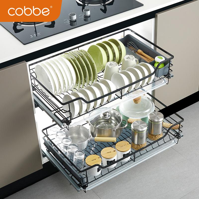 拉篮厨房橱柜黑色纳米不生锈双层抽屉式收纳碗架厨柜碗碟碗篮参数