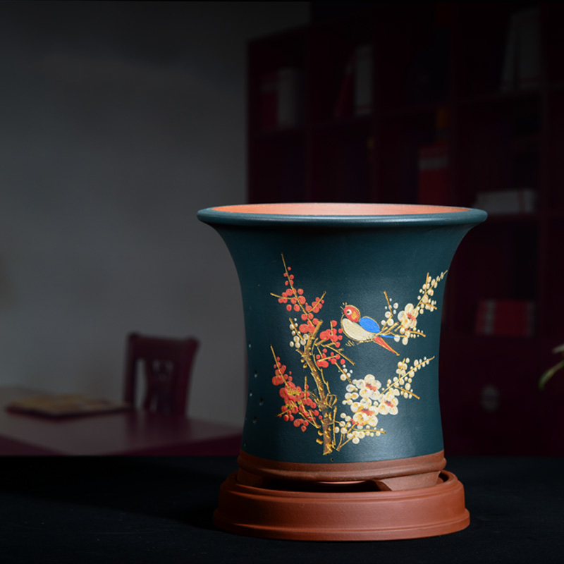 精品紫砂兰花盆陶瓷古达君子兰仿古带托盘桌面盆栽花盆