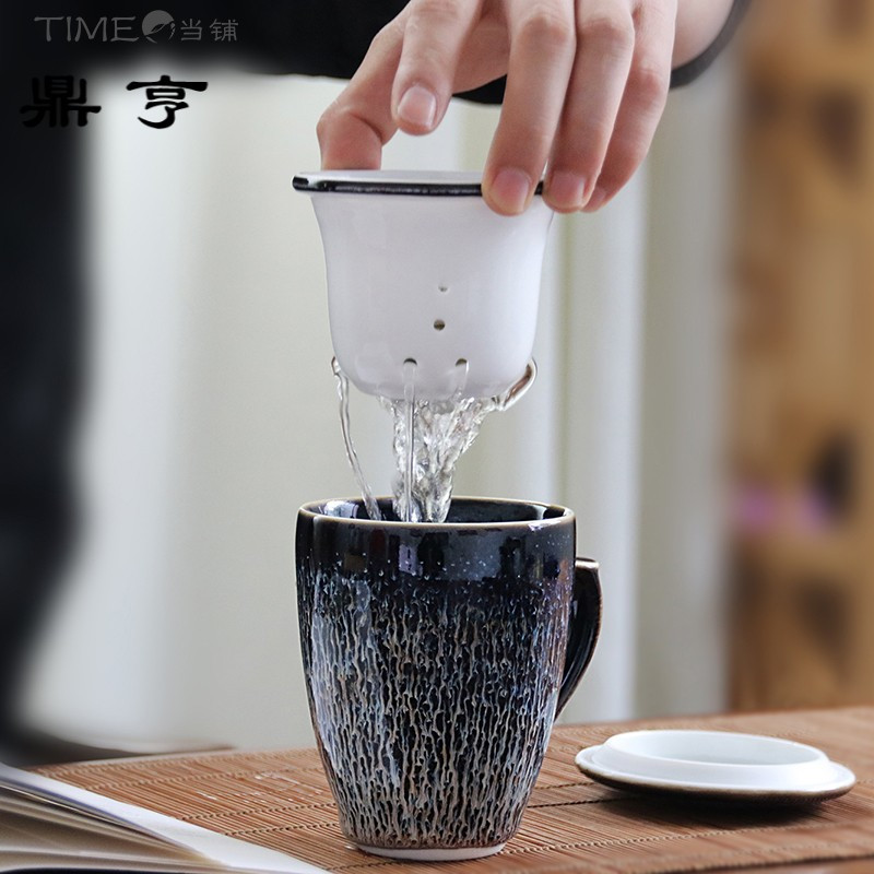 鼎亨景德镇窑变陶瓷马克杯兰花釉过滤带盖泡茶杯子办公杯