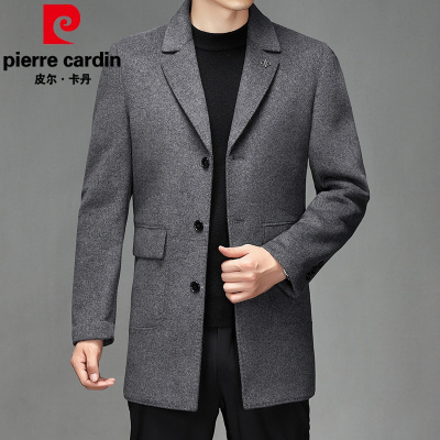 皮尔卡丹双面羊毛呢大衣男中长款西装领厚商务休闲中年男装外套纯色衣服冬