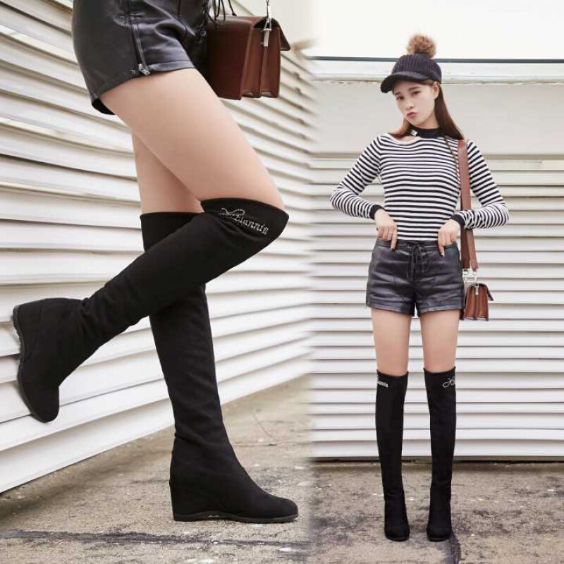 bomina秋冬女靴弹力靴过膝长靴坡跟高筒靴靴子女冬长筒靴