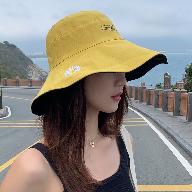 帽子女夏渔夫帽韩版百搭遮阳防紫外线帽子双面百搭防晒刺绣帽子女