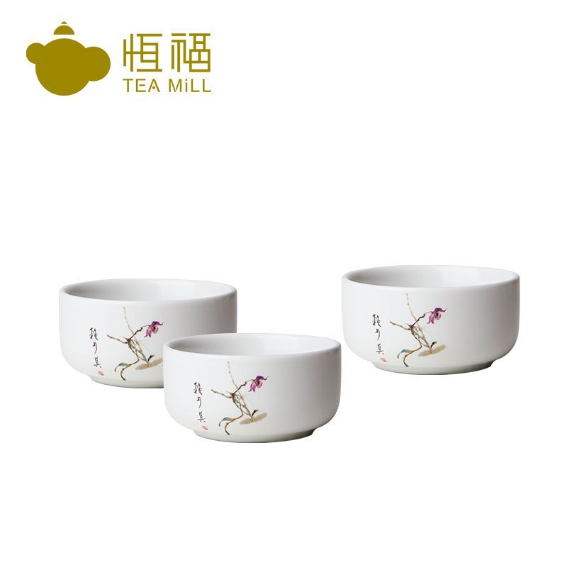 恒福（TEA MiLL）茶具 定窑陶瓷白瓷石斛花宽口小品杯 赖少其大师画作石斛花 定窑珠光 白3个装 否