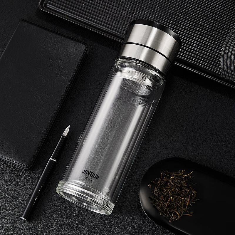 吉佑单手一键按压开盖玻璃杯双层车载茶水分离泡茶杯男士专用水杯JY9029高清大图