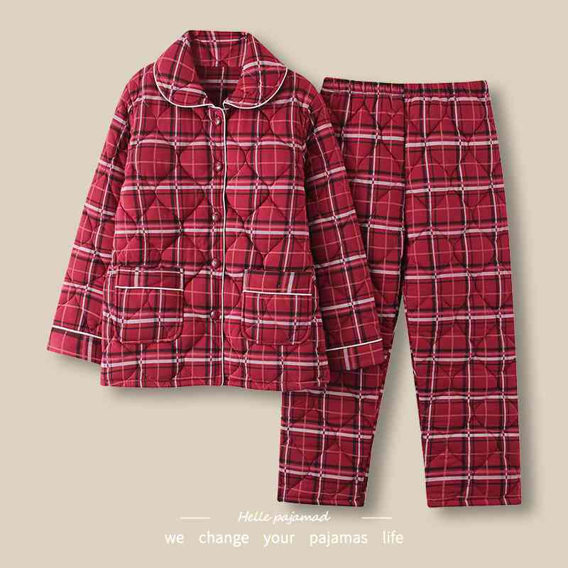 浪莎夹棉睡衣女冬季三层加厚夹棉袄大码保暖开衫可外穿家居服套装