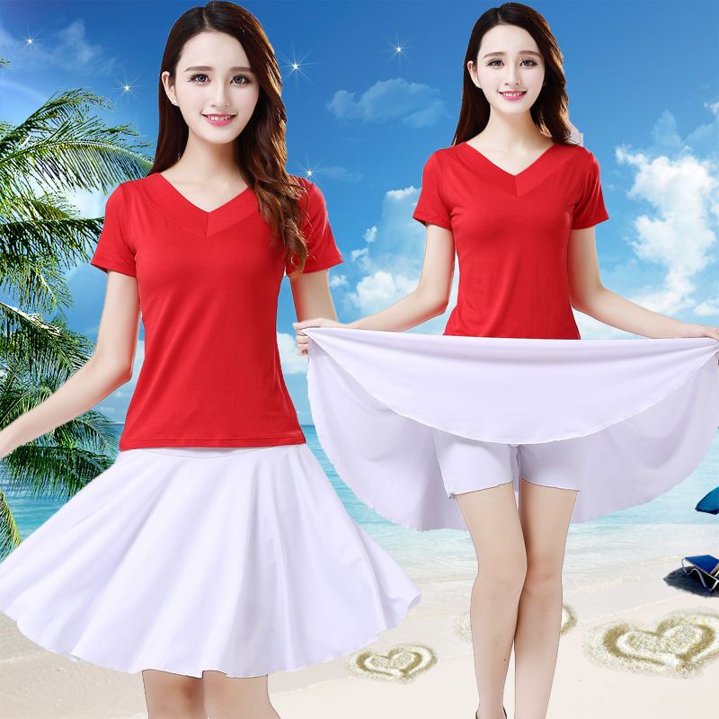 套装单裙广场舞服装裙新款短袖上衣短裙健身跳操舞蹈演出服女夏