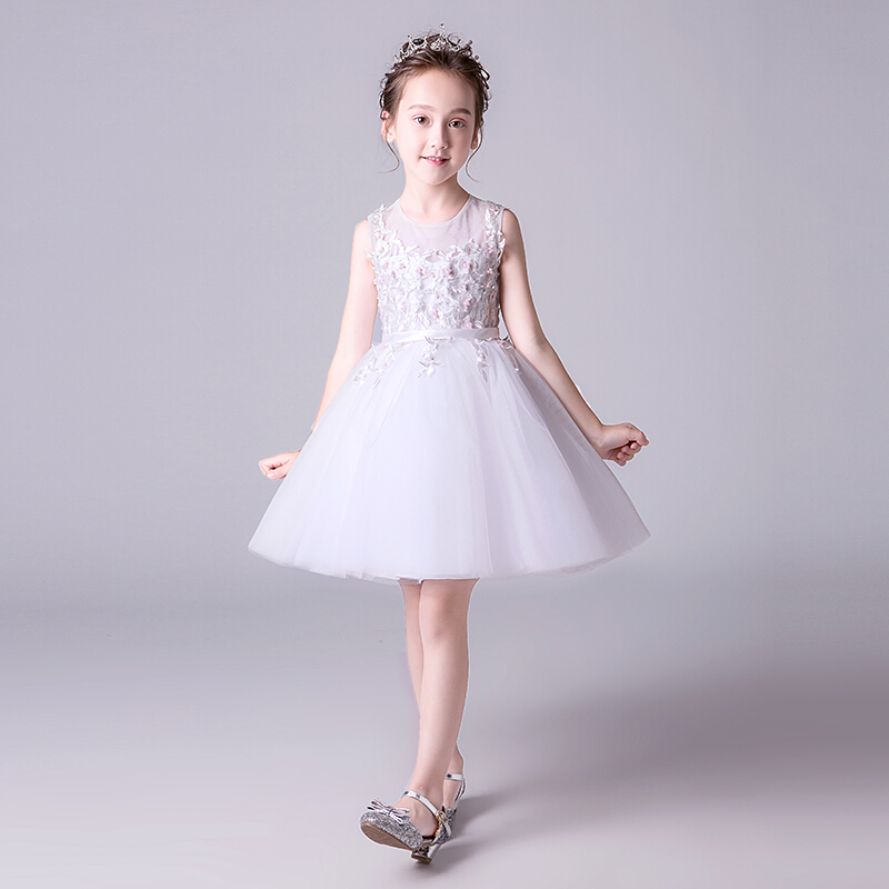儿童走秀表演公主裙花童婚纱蓬蓬裙钢琴演出服白色女童主持人礼服白色