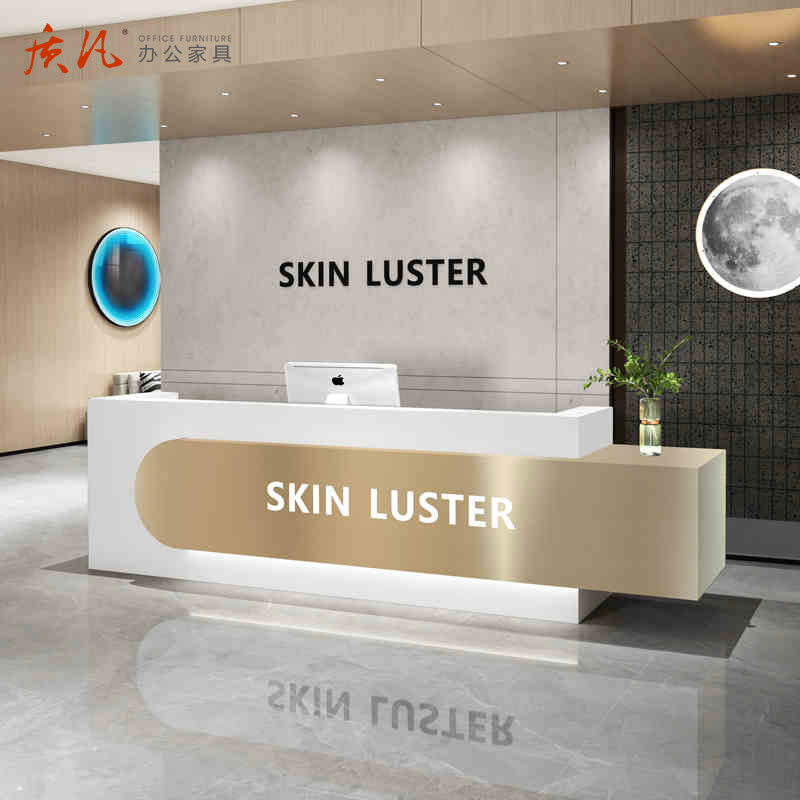 质凡简约现代收银台前台轻奢不锈钢服装店吧台美容院公司接待台高清大图