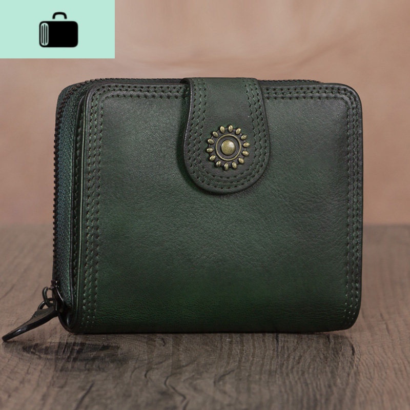 复古头层牛皮女士手工钱夹女皮夹皮短款钱包女拉链日韩2020新款NEW LAKE 墨绿色