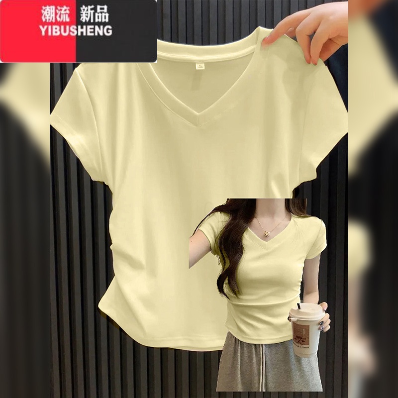 YIBUSHENG淡黄色v领短袖女t恤正肩掐腰法式收腰上衣款甜辣半袖辣妹穿搭高清大图