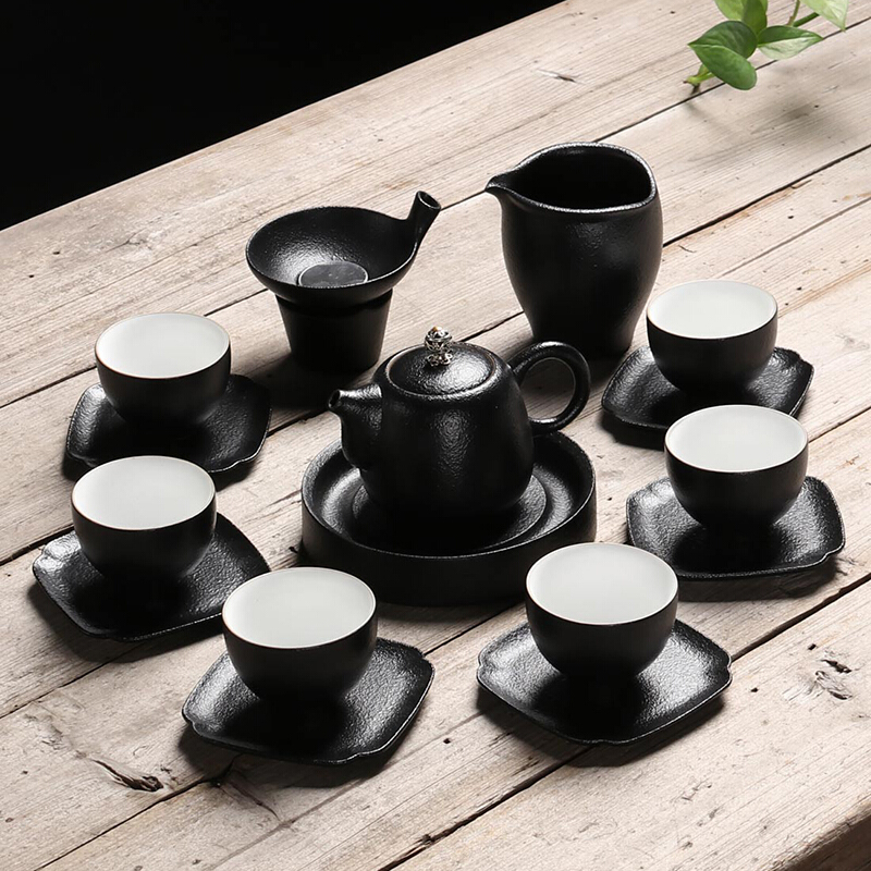百鸿(Baihong)整套茶具锤纹黑陶茶壶套装家用办公功夫茶具陶瓷创意茶道泡茶 小暖壶D17头哑黑带杯垫套装D03