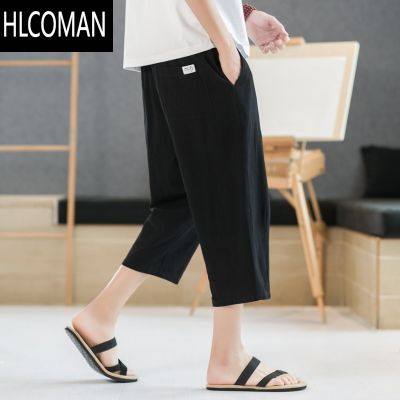 HLCOMAN七分裤男夏季薄款亚麻棉麻裤大码男装宽松休闲裤子男士短裤 黑色 L