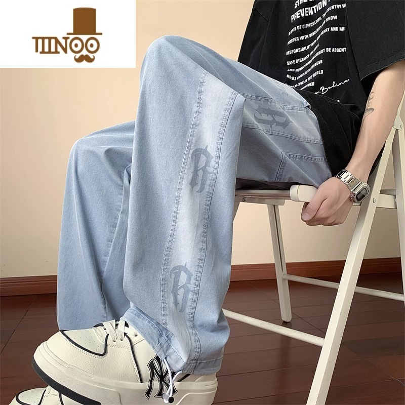 YANXU夏季薄款牛仔裤男初中高中学生宽松直筒长裤潮流大童夏天U闲中男高清大图