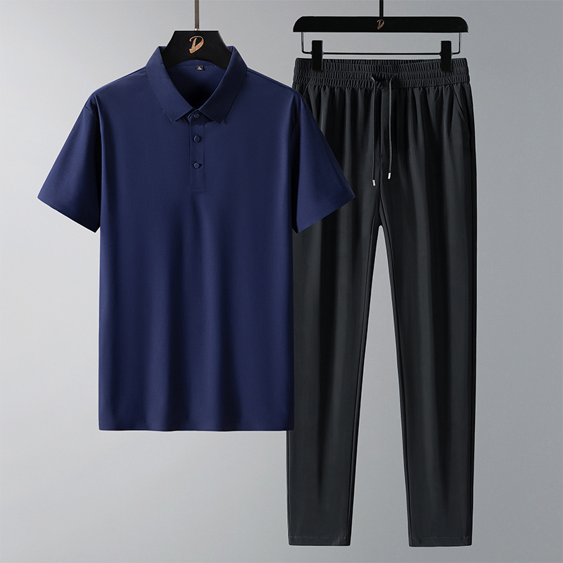 啄木鸟夏季冰丝款套装男士无痕T恤短袖POLO+休闲裤子男两件装父亲高清大图
