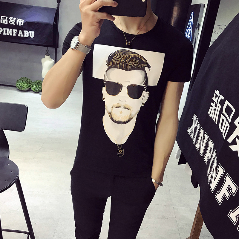 小码夏季欧美人物印花圆领男士短袖T恤韩版半袖社会帅气紧身体恤
