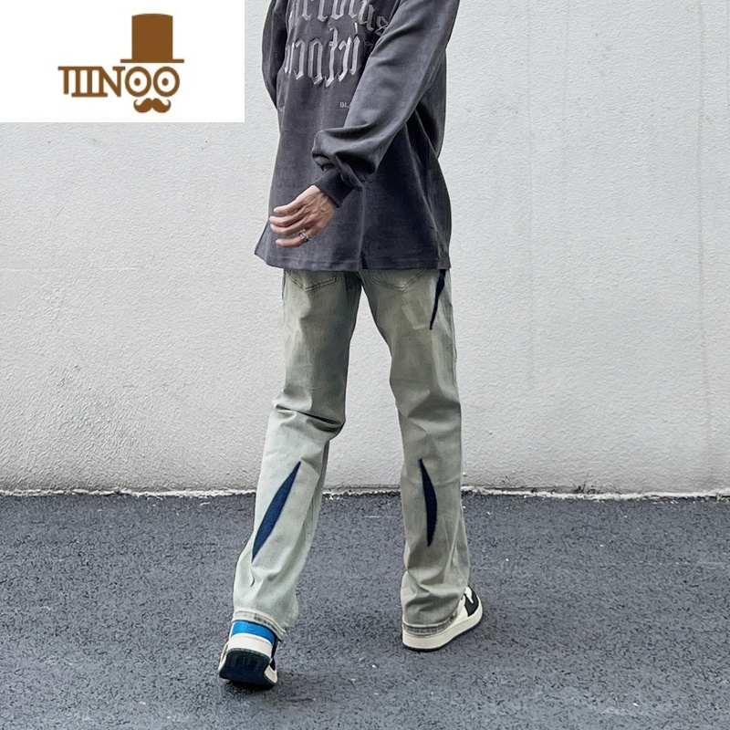 YANXU非潮勿近高街美式复古破洞牛仔裤男宽松直筒hiphop设计感宽潮宽高高清大图