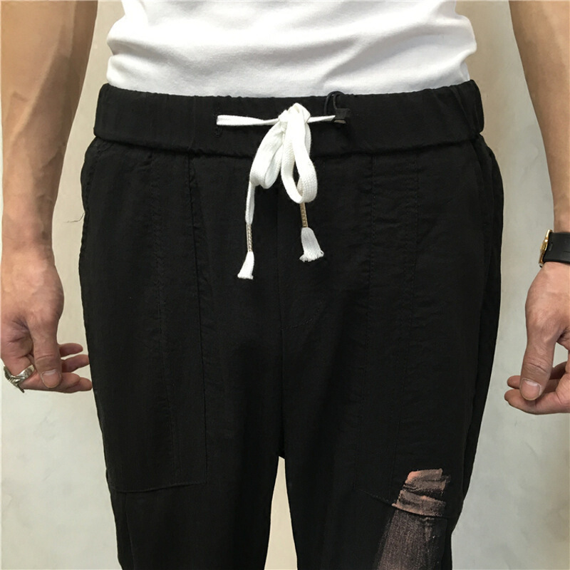 裤子男七分裤2018夏季韩版修身休闲裤小脚潮流精神社会小伙7分裤黑色