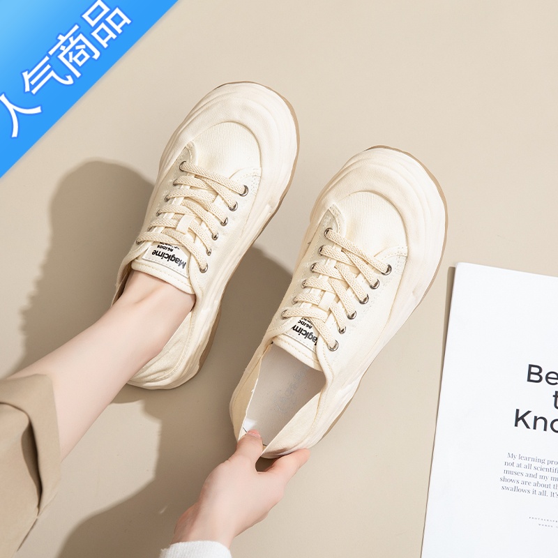 SUNTEK帆布鞋女2023新款夏季厚底爆休闲一脚蹬透气半拖凉鞋板鞋小白运动高清大图