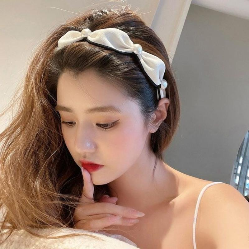 白色珍珠发箍短发发饰女复古秋冬发箍高颅顶头饰发卡丝绒珍珠黑色蝴蝶