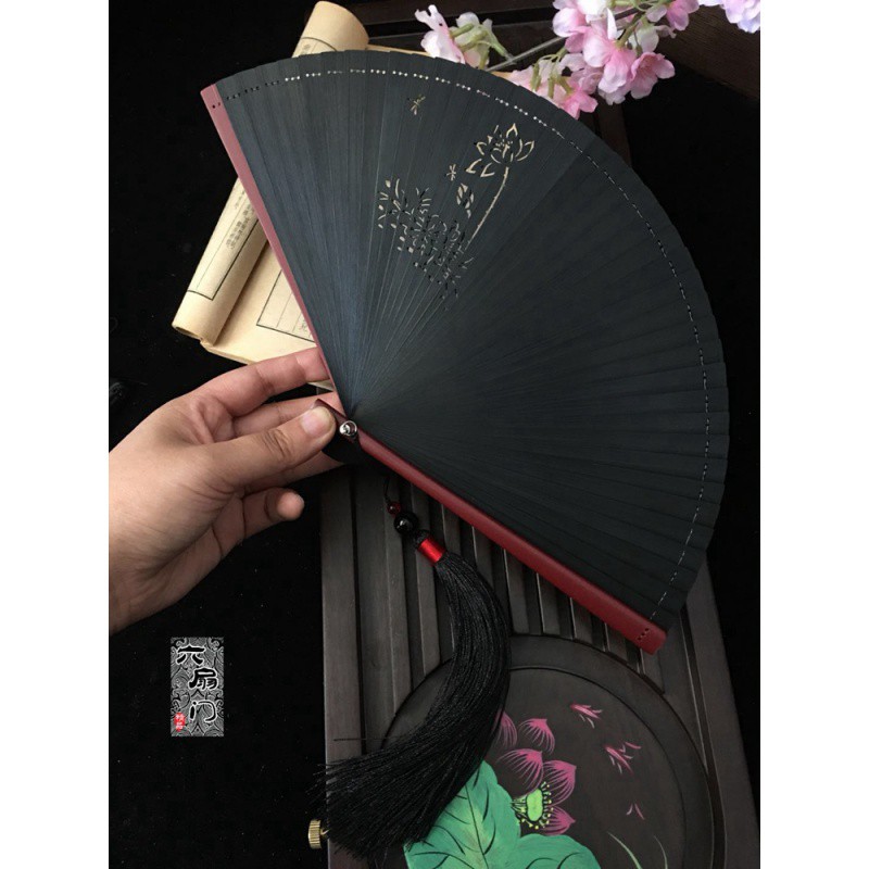 中国风古风和风折扇子小日式全竹工艺扇 纯色红迷你男女妖杨同款 三维工匠 芙蓉黑色18CM+大珠黑配金高清大图