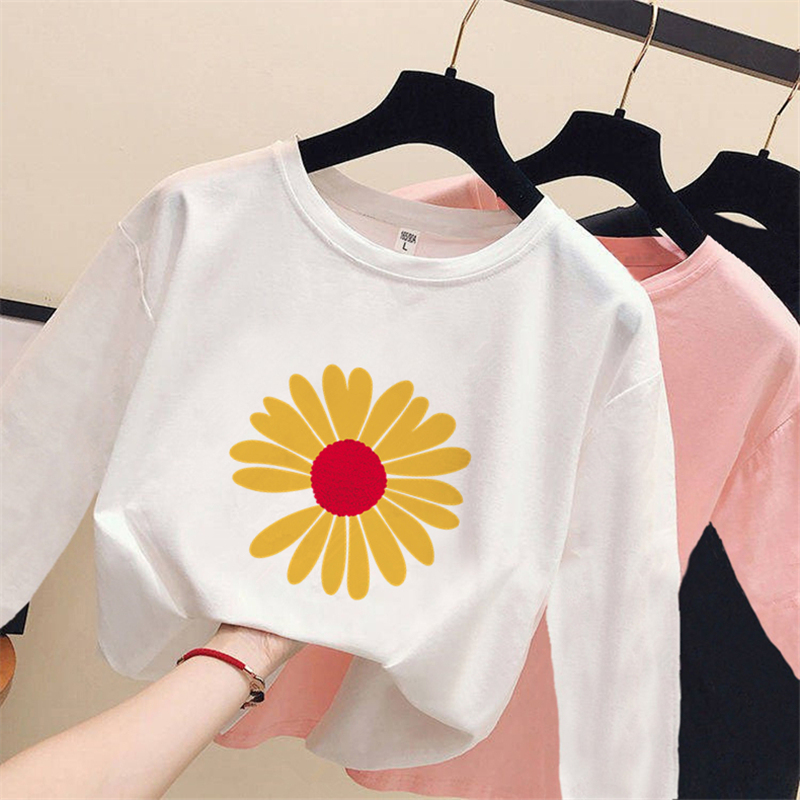 春秋洋气超火ins潮宽松小雏菊长袖t恤女学生白色打底衫内搭上衣服