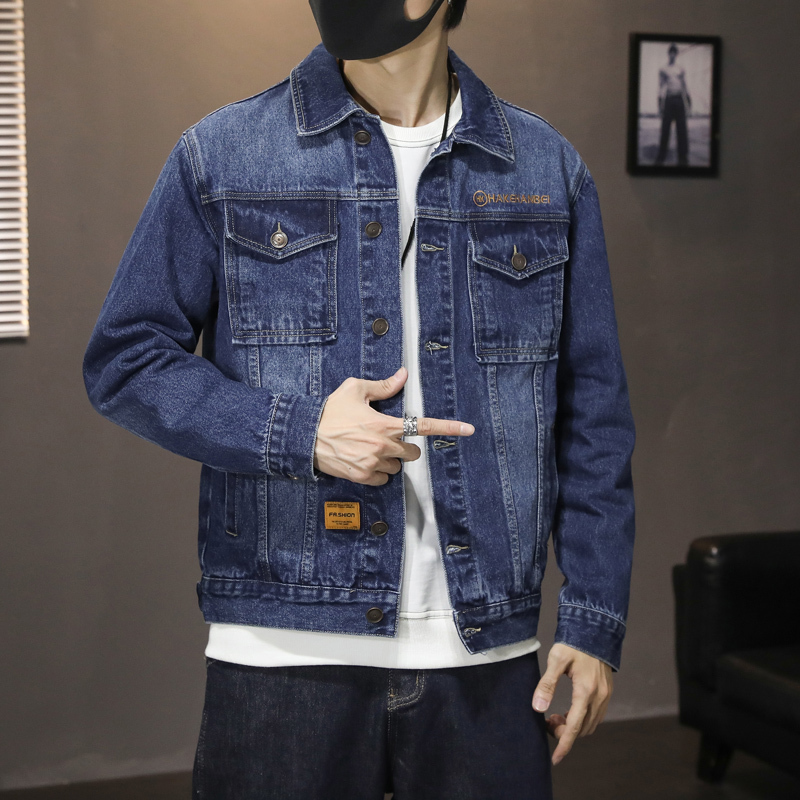 吉普战车2021年秋冬新款帅气中青年牛仔服男士棉质时尚绣花韩版修身男士牛仔服长袖翻领大码牛仔衣男士夹克外套男装上衣潮款