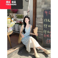 YIBUSHENG韩系假两件拼接格纹吊带连衣裙女季2024新款小清新中长款A字裙