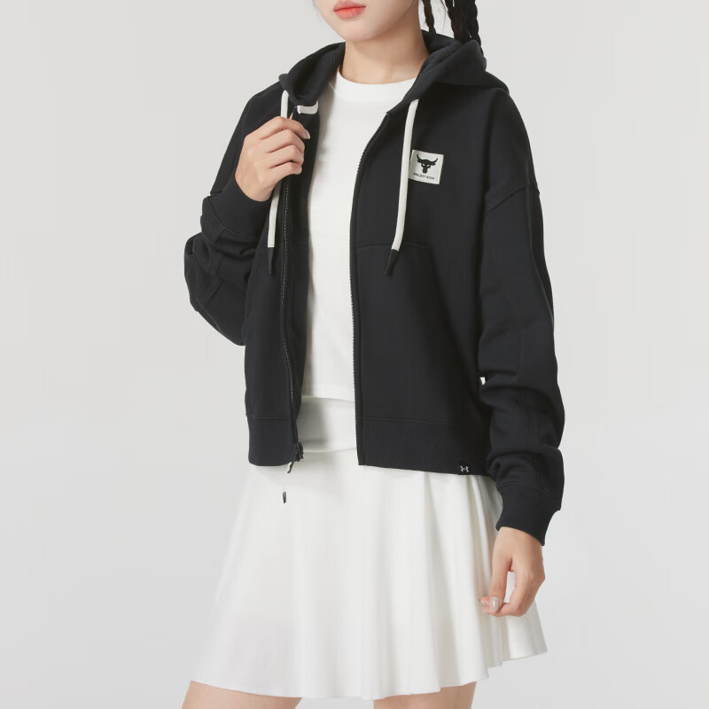 安德玛(Under Armour)针织夹克女装新款简约宽松舒适休闲保暖连帽上衣外套1373589-001 ZP高清大图