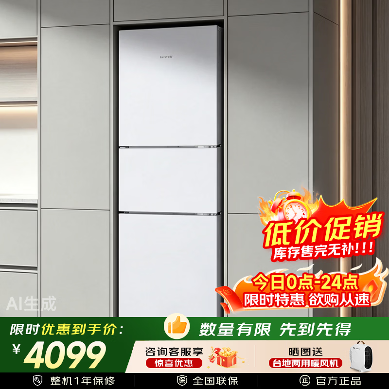 西门子 KK28UA88TI 280升零度生物保鲜三开门冰箱 混冷无霜独立三循环精准独立控温白色面板