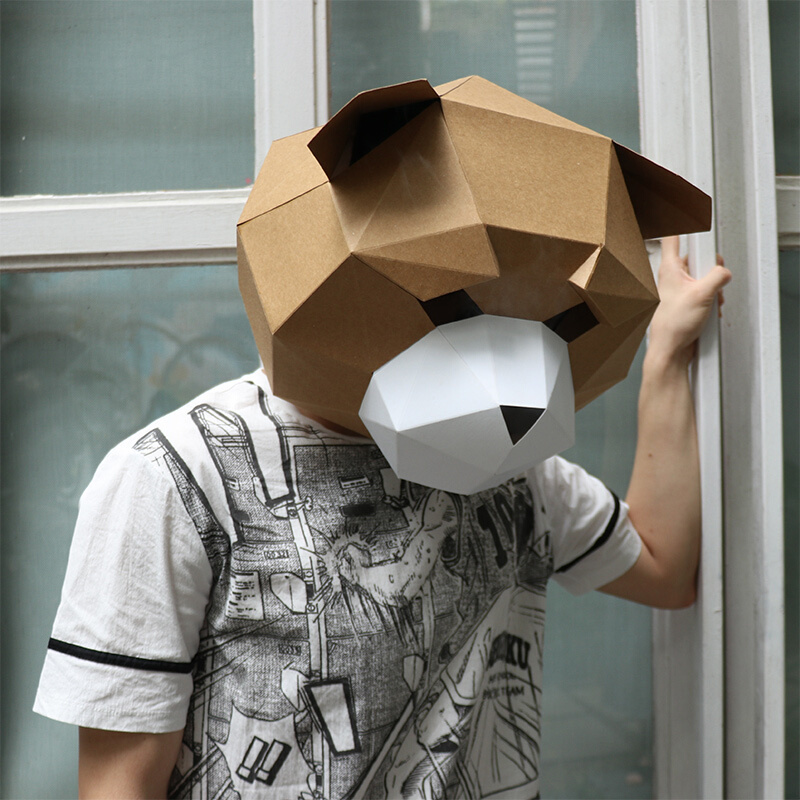 纸无限创意泰迪熊头套面具动物纸模diy材料化妆舞会表演抖音道具