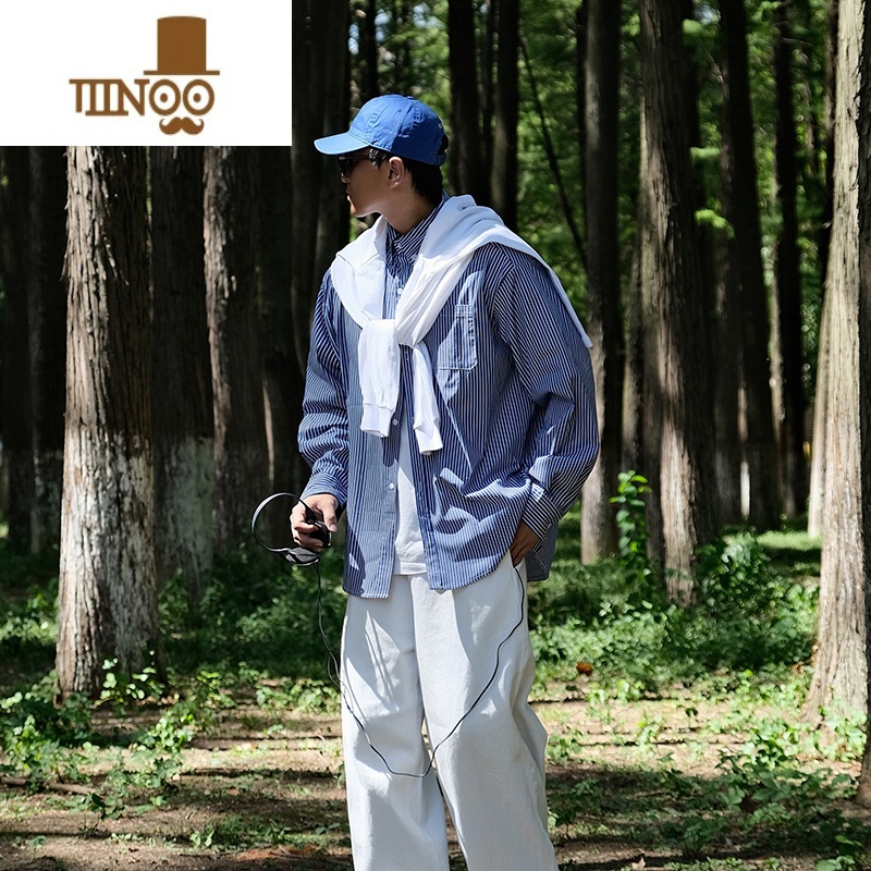 YANXU衬衫男长袖秋季廓形宽松日系复古CityBoy美式条纹休闲衬长袖系系高清大图