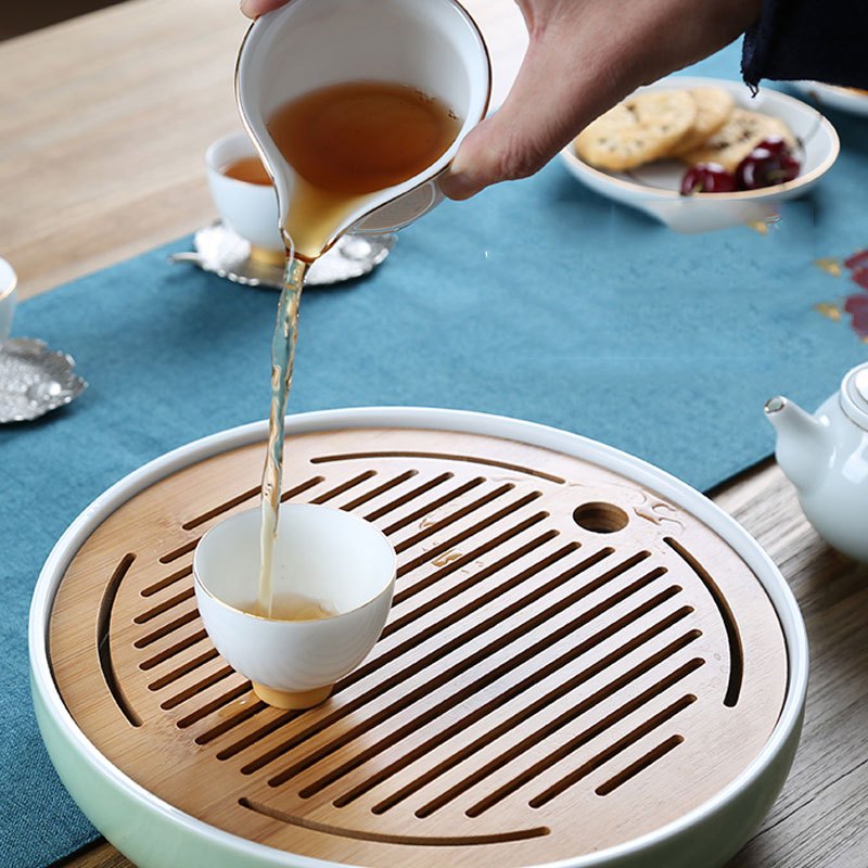 陶瓷茶盘日式家用竹托盘功夫茶具套装圆形简约干泡迷你小茶台 生活日用家居器皿