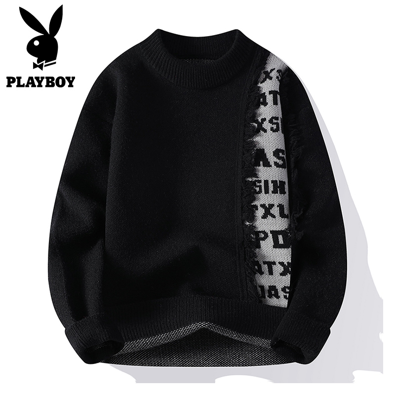 假两件毛衣男宽松秋冬季2024新款潮流衬衫领线衣加厚打底针织衫潮 9733黑色圆领 XL建议130-145斤