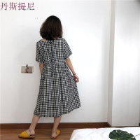 18夏复古文艺格子棉麻宽松大码连衣裙后背蝴蝶结绑带短袖中长裙女黑白色
