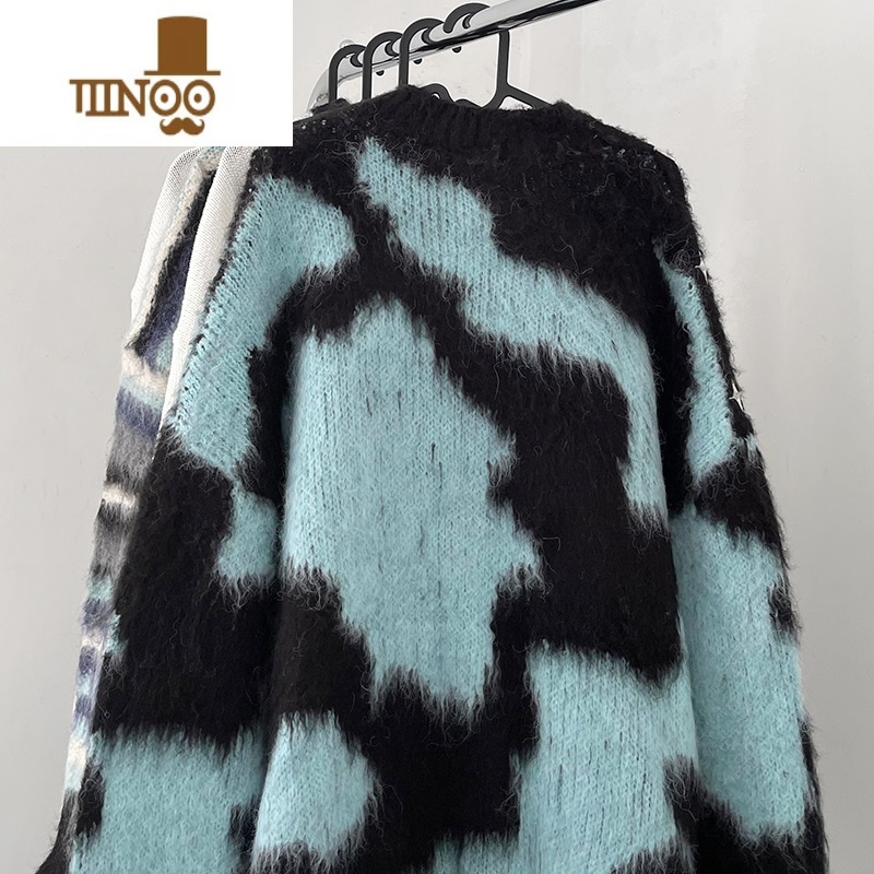 YANXU美式复古马海毛撞色毛衣男ins潮牌宽松小众设计懒惰风情侣针织情高清大图